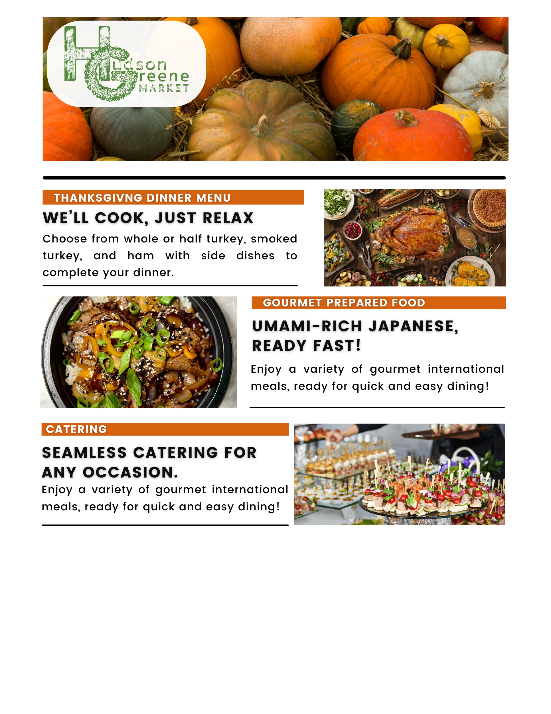 Hudson Greene Market November 2024 Newsletter Catering Thanksgiving Dinner Asian Grab and Go Prepared Food Exchange Place Jersey City